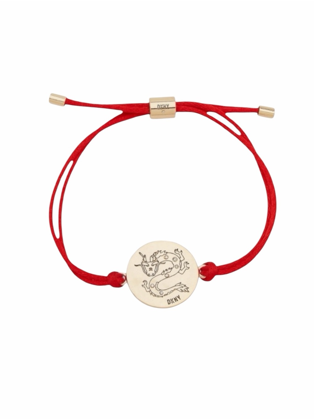 DKNY Gold Toned Etched Dragon Slider On Red Nylon Bracelet NWT